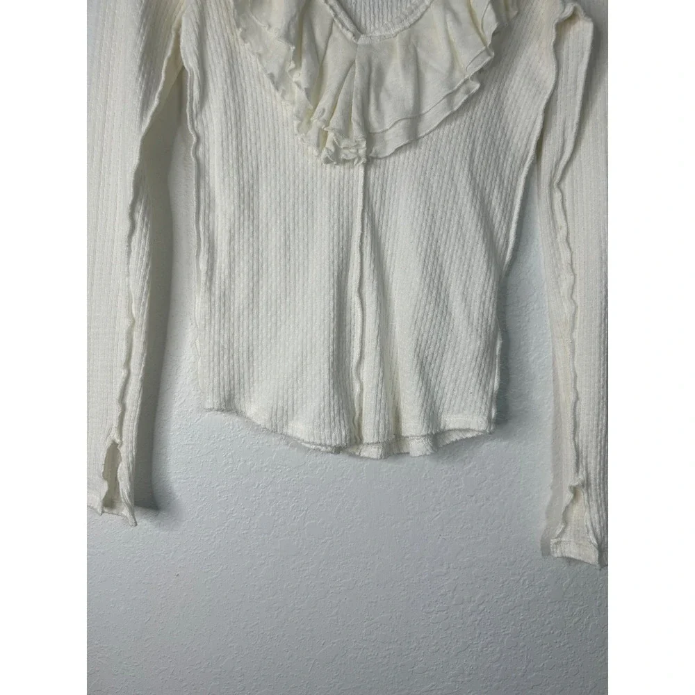 Free People Ruffle V-Neck Top Womens S Cream Pointelle Knit Peasant Boho Cottage